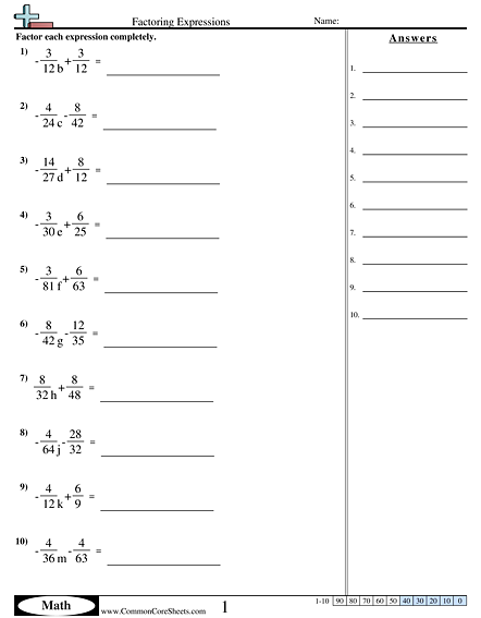 Algebra Worksheets - Factoring Expressions worksheet